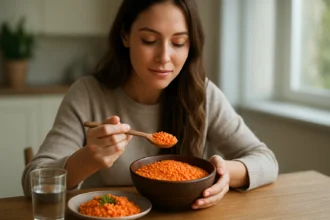 Žena vychutnávajúca si červenú šošovicu v útulnej kuchyni.