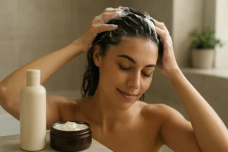 Žena si umýva vlasy šampónom s bambuckým maslom.