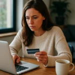 Žena nakupujúca online s kreditnou kartou pri počítači