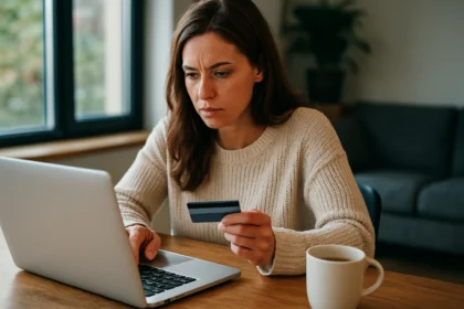 Žena nakupujúca online s kreditnou kartou pri počítači