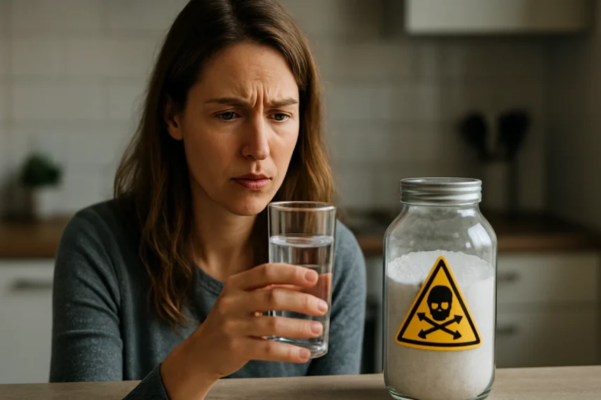 Žena so skleneným pohárom vody a fľašou s arzénom