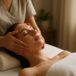 Žena na masáži tváre s relaxačným výrazom tváre