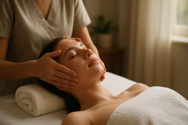 Žena na masáži tváre s relaxačným výrazom tváre