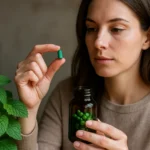 Žena skúma kapsulu s medovkou pred užitím.