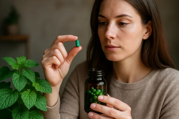 Žena skúma kapsulu s medovkou pred užitím.