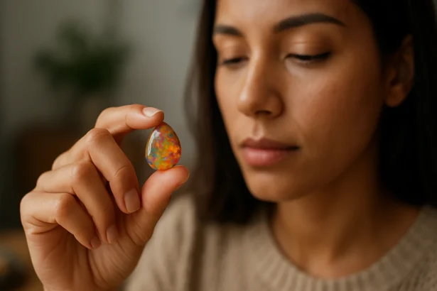 Žena drži v ruke etiópsky opál s výraznými farbami.