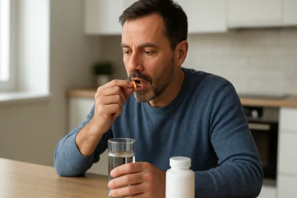 Muž užíva tabletku a pije vodu na zníženie cholesterolu.