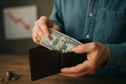 Muž vyberá bankovku zo svojej peňaženky na pozadí poklesu cien.