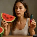 Žena drži plátok melónu a turmalínový krystal