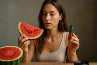 Žena drži plátok melónu a turmalínový krystal