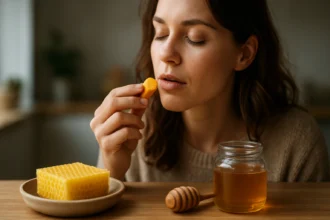 Žena s včelím voskom a medom, zdravé prírodné produkty
