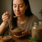 Žena vychutnáva konopné semienka, bohaté na živiny a zdravie.