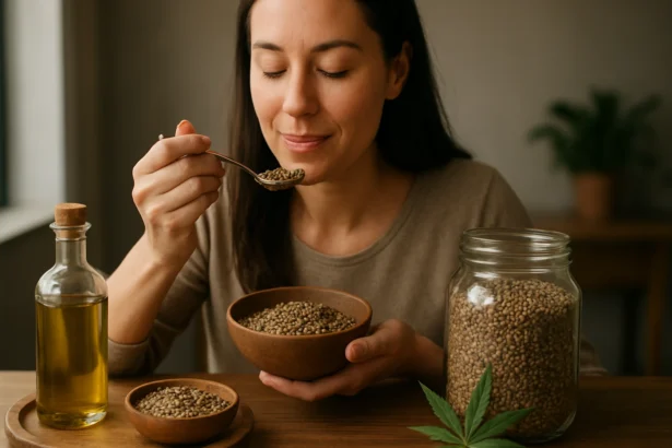 Žena vychutnáva konopné semienka, bohaté na živiny a zdravie.