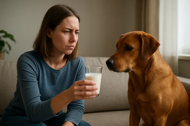 Žena podáva mlieko psovi a vyzerá znepokojene.