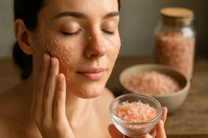 Žena s himalájskou soľou na tvári počas exfoliácie pleti.