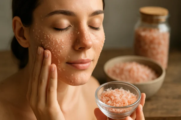 Žena s himalájskou soľou na tvári počas exfoliácie pleti.