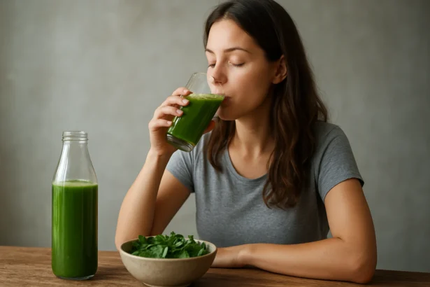 Žena pije detoxikačný nápoj a jedáva čerstvú zeleninu.