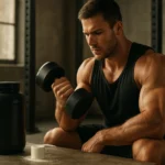 Muž cvičiaci s činkou v posilňovni, vedľa neho kreatínový doplnok.