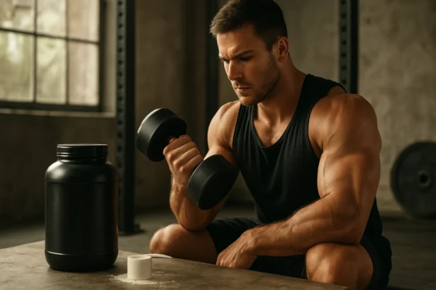 Muž cvičiaci s činkou v posilňovni, vedľa neho kreatínový doplnok.