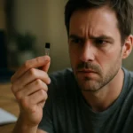 Muž skúmá NPN tranzistor, technológie elektroniky a IT.