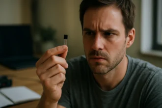 Muž skúmá NPN tranzistor, technológie elektroniky a IT.