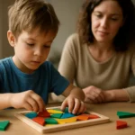 Chlapec sklada hádanku s pomocou matky, rozvíjanie kreativity a logiky.