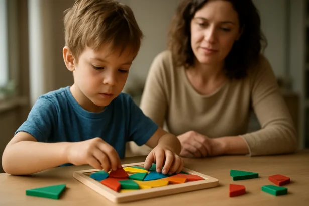 Chlapec sklada hádanku s pomocou matky, rozvíjanie kreativity a logiky.