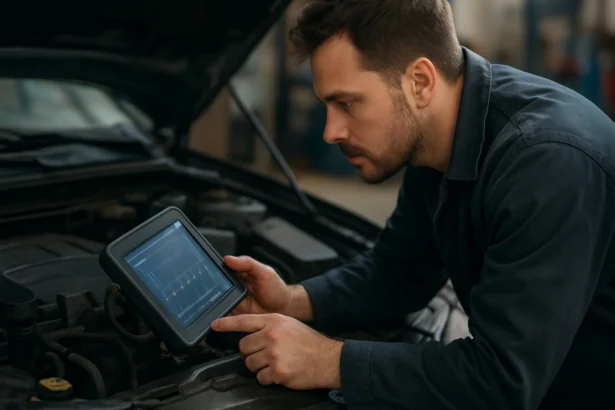 Mechanik analyzuje snímač klepania na obrazovke diagnostického zariadenia.