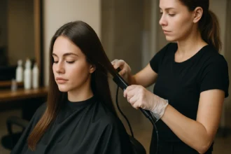 Žena na keratínovom ošetrení vlasov v kaderníctve.