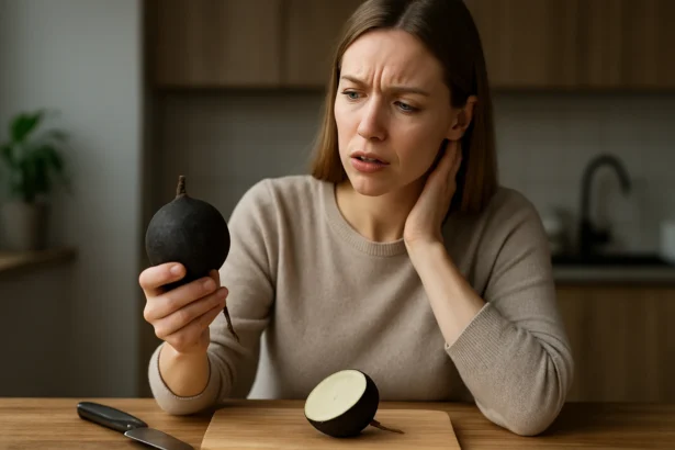 Žena skúma čiernu reďkovku s výrazom znepokojenia.