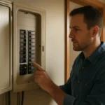 Muž kontrolujúci automatický istič v elektroinštalácii domácnosti.