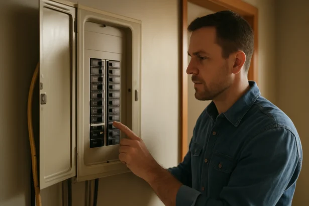 Muž kontrolujúci automatický istič v elektroinštalácii domácnosti.