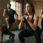 Žena cviči s kettlebellom počas kruhového tréningu s ostatnými