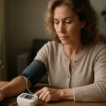 Žena meria krvný tlak s prístrojom na stole.