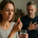 Žena s vitamínom K2 a pohárom vody, starajúca sa o zdravie kostí a srdca