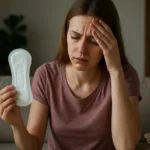 Žena s hygienickou vložkou a výrazom frustrácie