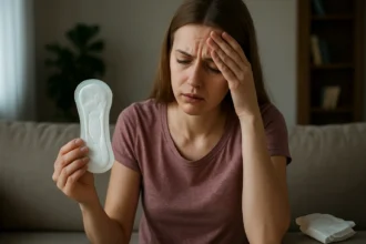 Žena s hygienickou vložkou a výrazom frustrácie