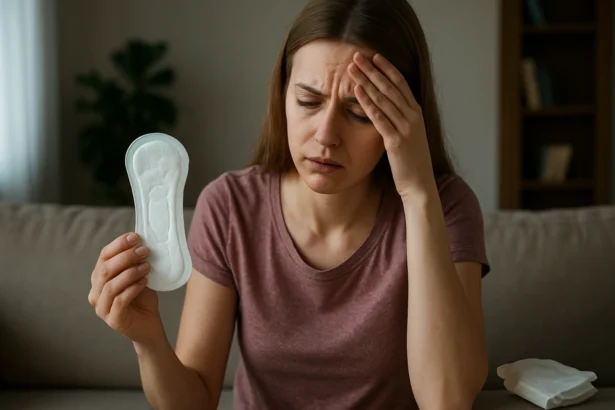 Žena s hygienickou vložkou a výrazom frustrácie