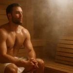 Muž v parnia saune užíva si relaxáciu a zdravotné výhody.