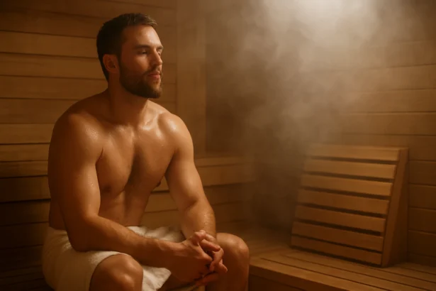 Muž v parnia saune užíva si relaxáciu a zdravotné výhody.