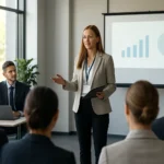 Žena prezentuje na firemnom podujatí, účastníci sledujú grafy na projektore.