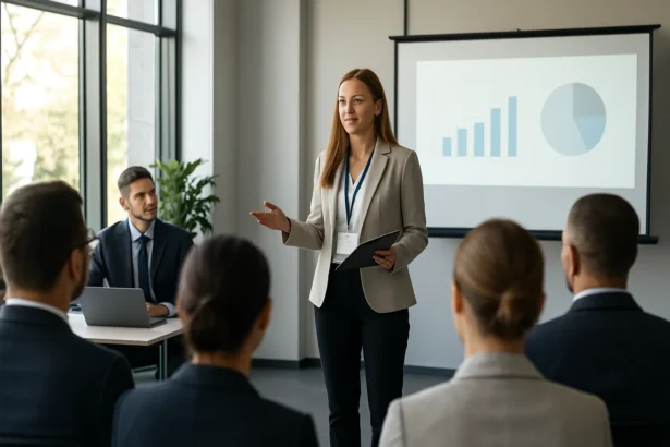 Žena prezentuje na firemnom podujatí, účastníci sledujú grafy na projektore.