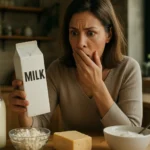 Žena s prekvapeným výrazom pozerá na tetrapak mlieka.