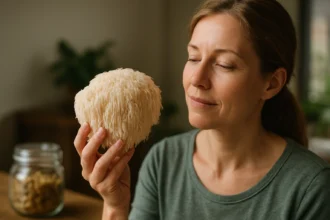 Žena drží hrivu levovú, symbol zdravých účinkov, v domácom prostredí.