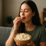 Žena si vychutnáva popcorn z misy, ktorý podporuje trávenie.