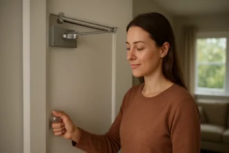 Žena používa dverový zatvárač v modernom interiéri na zlepšenie pohodlia.