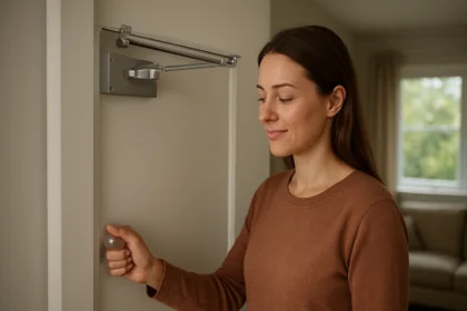 Žena používa dverový zatvárač v modernom interiéri na zlepšenie pohodlia.