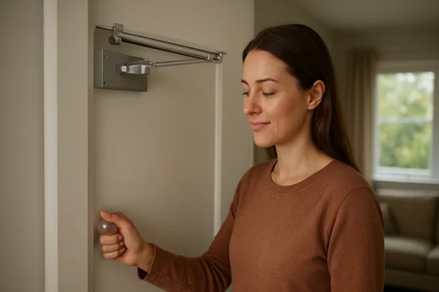 Žena používa dverový zatvárač v modernom interiéri na zlepšenie pohodlia.