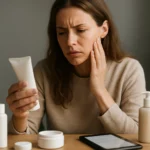 Žena skúma zloženie kozmetiky, dôraz na parabény a ich vplyv na pokožku.