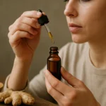 Žena používa zázvorové kvapky na podporu zdravia.